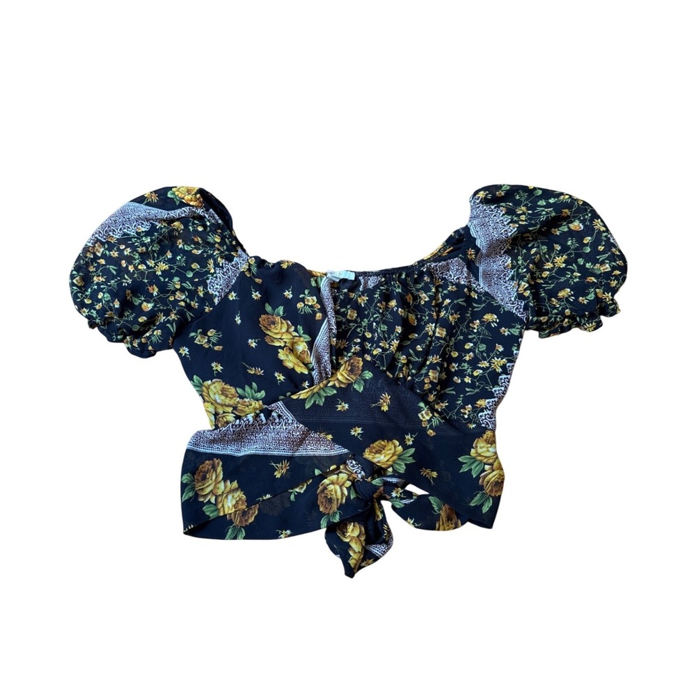 Peach Floral Crop Top Women Black Boho Wrap Tie Front Puff Sleeve SIZE Small